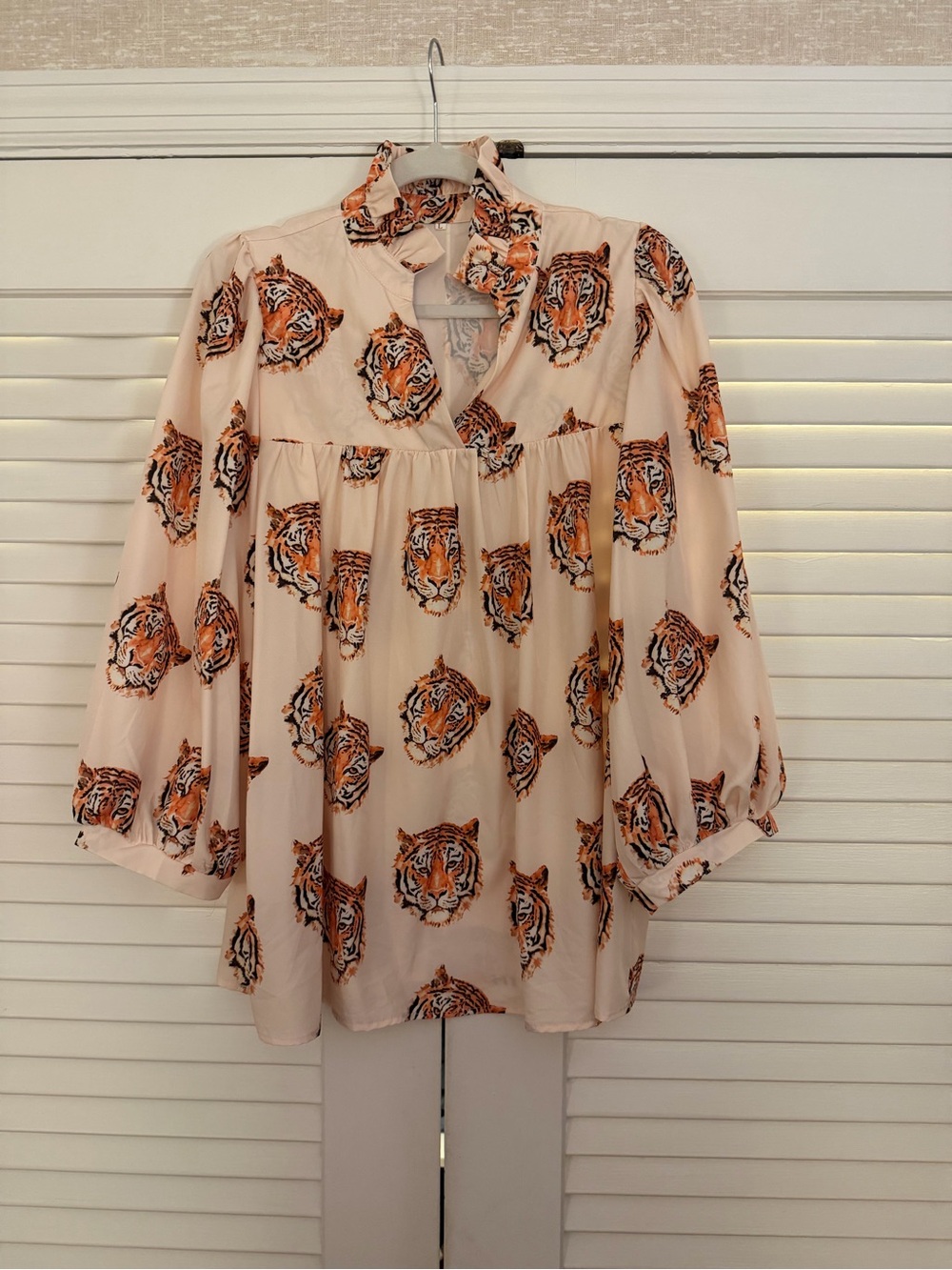 Womens Pink Tiger Print Tie-Neck Blouse